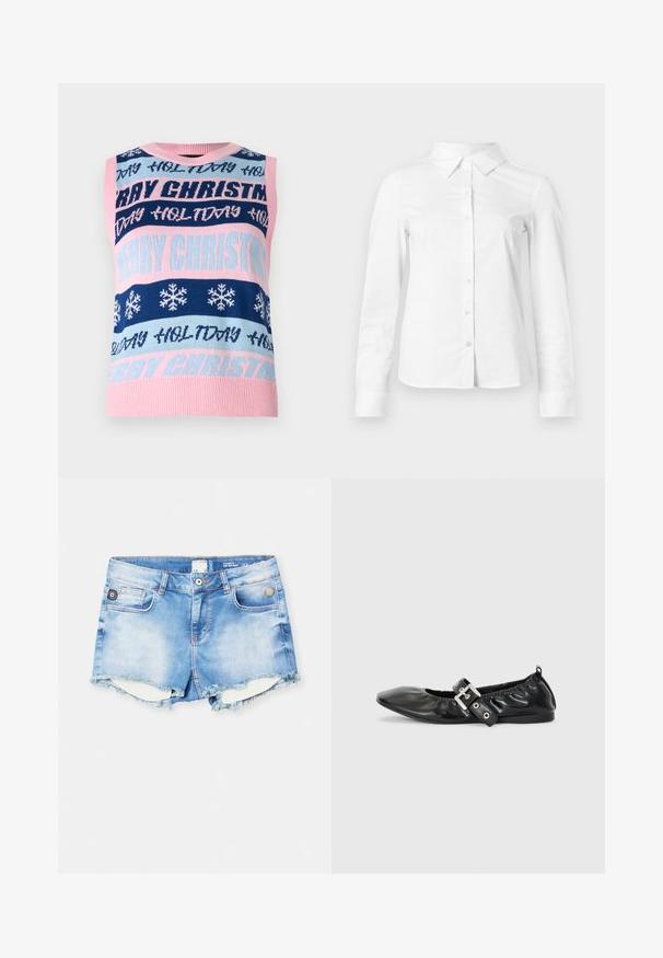 Chaleco de punto sin mangas, con rayas alternas en azul, rosa y azul marino, que presenta la inscripción "FELIZ NAVIDAD" y patrones de copos de nieve por todo su diseño.; Camisa blanca de manga larga con botones, cuello puntiagudo, bajo recto y silueta ajustada, presentada sobre un fondo claro y liso.; Pantalones cortos de mezclilla en azul claro con dobladillo deshilachado, diseño de cinco bolsillos y detalles de herrajes plateados en la cintura y los bolsillos delanteros.; Zapato plano de piel negra con puntera afilada, detalle fruncido alrededor de la abertura y un acento de hebilla plateada en la correa ajustable.