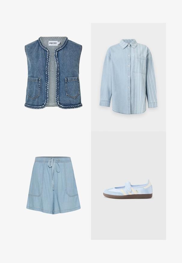 Chaleco sin mangas de mezclilla azul con ribete trenzado en los bordes, dos bolsillos frontales y etiqueta con la palabra "PIECES" en el escote.; Camisa de mezclilla azul claro con mangas largas, botones al frente, diseño dividido: sólido en el lado izquierdo y rayas verticales blancas en el lado derecho con bolsillo en el pecho.; Pantalones cortos de mezclilla azul claros con cintura elástica, detalles de lazo, dos bolsillos frontales y acentos de costura.; Zapatilla azul claro con una tira de velcro, rayas crema en los lados, parte superior de tela suave y suela de goma marrón texturizada.