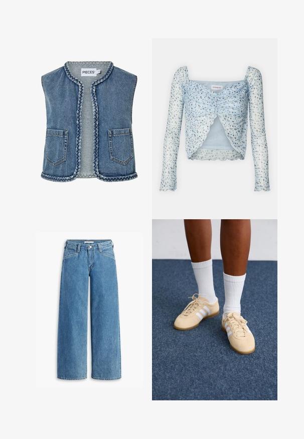Ärmellose blaue Jeansweste mit geflochtenem Besatz entlang der Kanten, zwei Fronttaschen und einem Etikett mit der Aufschrift "PIECES" am Halsausschnitt.; Hellblaues Langarmshirt mit Blumenmuster, strukturiertem Stoff, gerafftem Vorderteil und gewellten Kanten. Verfügt über ein verkürztes Design und einen quadratischen Ausschnitt.; Hellblau weite Jeans aus Denim, mit hoher Taille, fünf Taschen und einem klassischen Knopfverschluss. Gerader Schnitt vom Oberschenkel bis zum Saum.; Person mit beigen Adidas Sneakers mit weißen Streifen und weißen Socken, der auf einem blauen Teppichboden steht.
