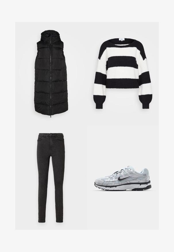 Gilet matelassé noir avec fermeture éclair à l'avant, capuche, sans manches et panneaux cousus. Finition en tissu lisse, silhouette décontractée.; Pull court à rayures noir et blanc en maille douce. Il présente un col large et des poignets côtelés.; Jean skinny noir en denim, avec une taille haute, cinq poches et une texture subtile. Lavable en machine avec une braguette à fermeture éclair.; Baskets Nike P-6000 avec une tige en mesh gris clair, des accents noirs et une semelle en caoutchouc noir durable. Présente un design complexe et un système de laçage.
