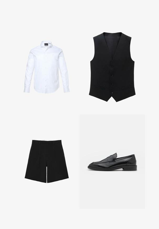 Zwarte waistcoat met een strakke uitstraling, voorzien van een diepe V-hals, vijf knopen en twee zijzakken. Gemaakt van een zachte stof.; Witte blouse met lange mouwen van gladde stof, met een knoopsluiting aan de voorkant, een puntige kraag en subtiele "JP" borduursel op de borst.; Zwarte op maat gemaakte shorts met riemlussen, voorplooien en zijzakken, plat neergelegd op een witte achtergrond.; Zwarte leren instappers met een gladde afwerking, voorzien van een ronde neus en een smalle band over de bovenkant. Lage gestapelde hak.