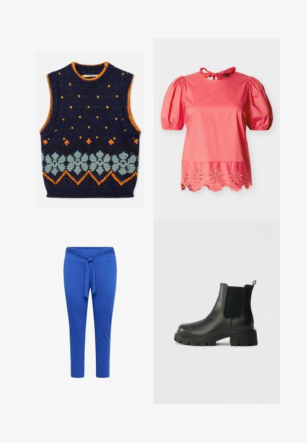 Veste sans manches en tricot bleu marine avec bordure orange, points jaunes et une bande décorative de fleurs bleu clair et zigzags orange sur le devant.; Blouse rose corail avec manches bouffantes, encolure ronde, détail à nouer dans le dos et ourlet festonné avec broderie florale ajourée.; Pantalons fuselés bleu en tissu extensible avec une taille ceinturée, présentant une texture lisse et une longueur mi-mollet.; Bottines Chelsea en cuir noir avec des panneaux élastiques sur les côtés, une finition texturée et une semelle en caoutchouc épaisse. Comprend une languette pour un enfilage facile.