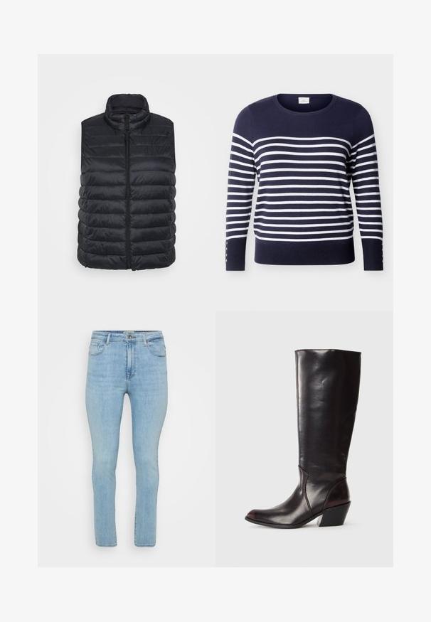 Sort polstret vest med høj krave og frontlynlås. Har horisontale syninger og en glat, blank stofstruktur.; Marineblå langærmet sweater med hvide, vandrette striber og knapdetaljer på underærmerne, rund halsudskæring.; Lyseblå denimjeans med slim fit, der har fem lommer, bæltestropper og en standard lynlås med knaplukning.; Knæhøj, mørkebrun læderstøvle med spids tå, vinkelret blokhæl og en glat, blank overflade. Har et enkelt design og syningsdetaljer.