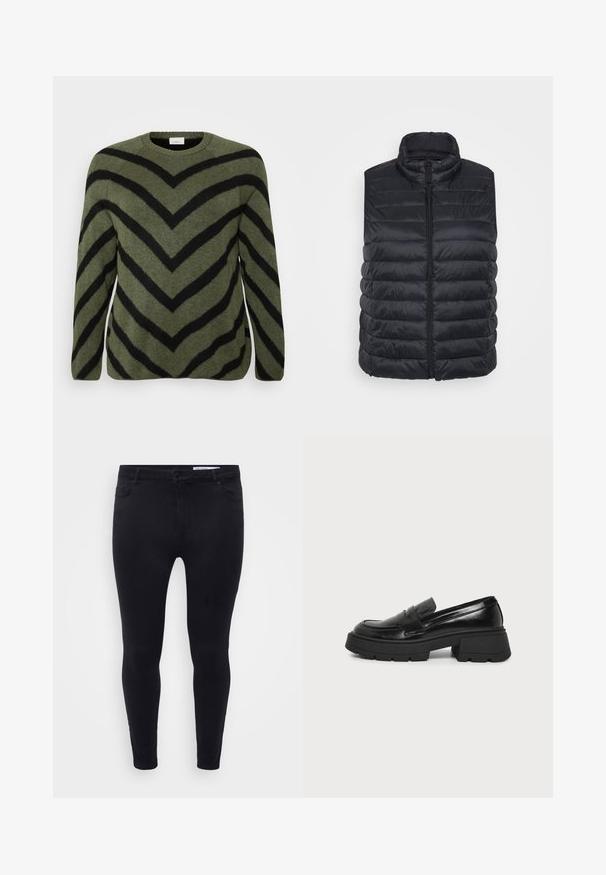 Sort polstret vest med høj krave og frontlynlås. Har horisontale syninger og en glat, blank stofstruktur.; Grønt sweater med sorte chevron-striber. Rund halsudskæring, lange ærmer og blød tekstur. Lige kant med lette sideslidser.; Sorte slim-fit jeans lavet af strækbart denim, med en frontlukkedrag og bælteløkker, samt fem lommer med en glat overflade.; Sort læderloafer med chunky platformsål og lav blokhæl, synligt sideprofil på ensartet lyst baggrund.