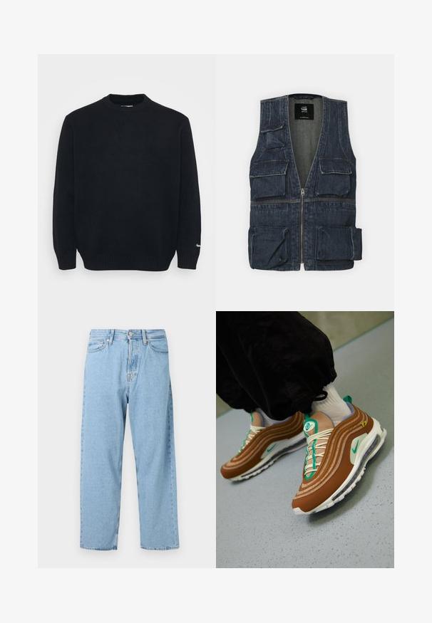 Denimvest med flere frontlommer, lynlås lukning og V-halsdesign. Farven er mørkeblå med en let tekstur.; Sort strikket crewneck sweater med lange ærmer og ribbede manchetter og kant, præsenteret på en ensfarvet lys baggrund.; Lyseblå høj talje straight-leg jeans med fem lommer samt en frontlukning med knap og lynlås.; Brune Nike Air Max 97 sneakers med lagdelt design, teal accenter, hvide snørebånd og en synlig air-enhed i sålen.