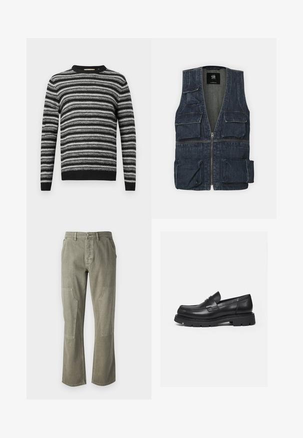 Denimvest med flere frontlommer, lynlås lukning og V-halsdesign. Farven er mørkeblå med en let tekstur.; Stribet sort og hvid sweater med rund halsudskæring og lange ærmer. Har et tekstureret mønster overalt samt ribbede manchetter og linning.; Olivenfarvede bukser lavet af bomuld med lige ben-design, der har ribbede detaljer på påsatte lommer og kontrasterende syninger.; Sort læderloafer med tyk rillede sål og penny-remdetalje, vist i højre sideprofil på hvid baggrund.