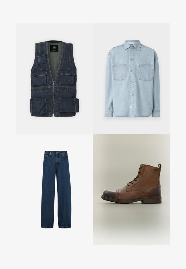 Jeansweste mit mehreren Fronttaschen, einem Reißverschluss und einem V-Ausschnitt. Die Farbe ist dunkelblau mit einer leichten Textur.; Helleblaue Jeanshemd mit langen Ärmeln, Knopfverschluss, zwei Brusttaschen und klassischem Kragen. Strukturierter Stoff mit geradem Saum.; Dunkelblaue Jeans im weiten Schnitt, mit fünf Taschen, klassischem Knopfverschluss und einem Metallreißverschluss.; Brauner Leder-Schnürstiefel bis zum Knöchel mit schwarzer Zehenkappe, runder Sohle und Markenlabel an der Seite vor schlichtem Hintergrund.