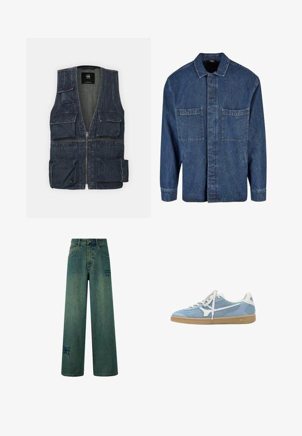 Jeansweste mit mehreren Fronttaschen, einem Reißverschluss und einem V-Ausschnitt. Die Farbe ist dunkelblau mit einer leichten Textur.; Denimhemd mit klassischem Kragen, Knopfleiste und zwei Brusttaschen. Die Farbe ist ein tiefes Blau mit hellerer Naht und einer strukturierten Oberfläche.; Weite Jeans aus dunkelblauem Denim mit einer dezenten, verblassten Textur. Mit Gesäßtaschen und einem dekorativen Logodetail.; Hellblaue und weiße Sneaker mit niedrigem Schaft, Mesh- und Wildleder-Obermaterial, weißen Schnürsenkeln und Gummisohle.