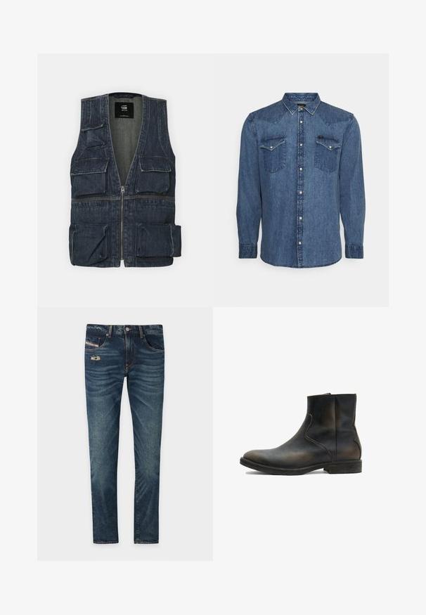 Chaleco de mezclilla con múltiples bolsillos frontales, cierre de cremallera y diseño de escote en V. Color azul oscuro con una ligera textura.; Camisa de mezclilla azul de manga larga con botones a presión y dos bolsillos en el pecho, mostrada sobre un fondo claro y liso.; Jeans de denim azul oscuro con un acabado ligeramente deslavado, que presentan un detalle desgate en la parte frontal y cinco bolsillos, incluyendo un pequeño bolsillo para monedas.; AllSaints LANG - Botines - brown