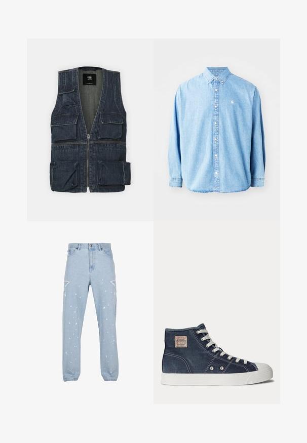 Denimvest med flere frontlommer, lynlås lukning og V-halsdesign. Farven er mørkeblå med en let tekstur.; Lysel blå denim skjorte med knapper og lange ærmer, spids krave og et lille logo på venstre bryst. Har en afslappet pasform og klassisk design.; Lysblå denim jeans med en afslappet pasform, der har stjerneformede udsparinger, malersplatter og et klassisk fem-lomme-design.; Marineblå højtop-sneaker med hvide snørebånd, hvid gummisål, metaløjer og et lille beige mærke på ankelen.