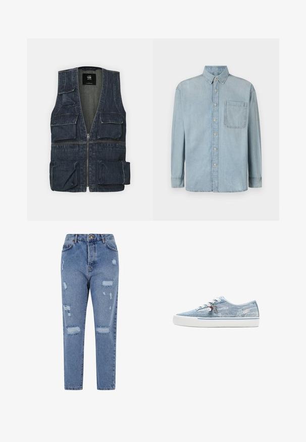 Jeansweste mit mehreren Fronttaschen, einem Reißverschluss und einem V-Ausschnitt. Die Farbe ist dunkelblau mit einer leichten Textur.; Hellblaue Denim-Hemd mit langen Ärmeln, Knopfleiste und einer einzelnen Brusttasche. Verfügt über einen klassischen Kragen und Standardmanschetten.; Hellblaue Denim-Jeans mit hoher Taille, geradem Bein und einem verwaschenen Design, das Risse und fransige Kanten aufweist.; Niedriger Sneaker aus hellblauem Denim mit weißer Gummisohle, weißen Schnürsenkeln und dekorativen Anhängern, die an den seitlichen Ösen hängen.