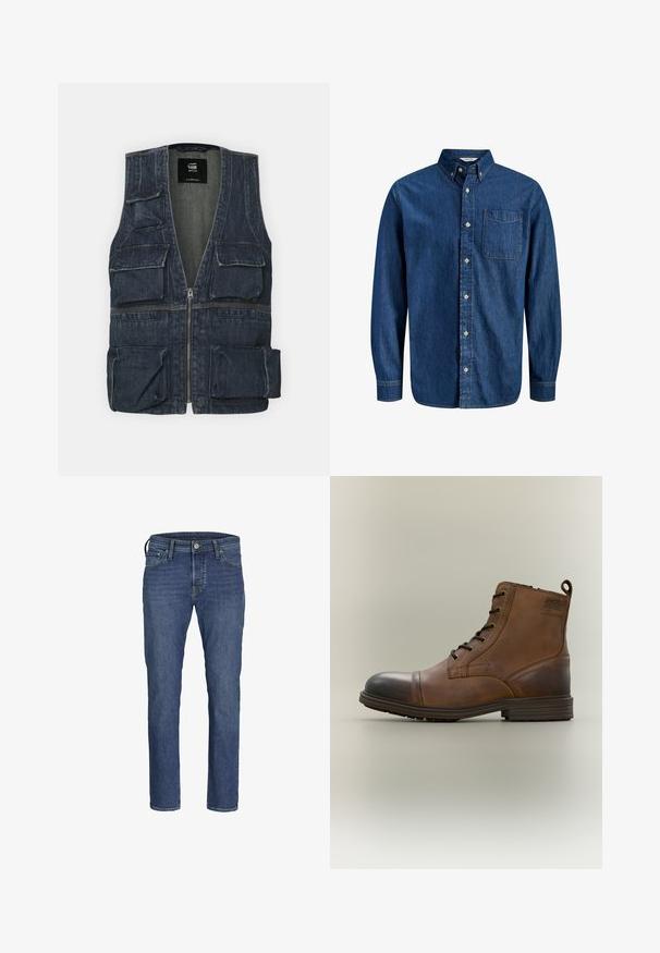 Jeansweste mit mehreren Fronttaschen, einem Reißverschluss und einem V-Ausschnitt. Die Farbe ist dunkelblau mit einer leichten Textur.; Dunkelblaues Denimhemd mit langen Ärmeln, Knopfleiste vorne, spitzem Kragen, einer Brusttasche und klassischen Nahtdetails.; Herren Jeans aus blauem Denim mit geradem Bein, fünf Taschen und klassischem Knopf- und Reißverschluss.; Brauner Leder-Schnürstiefel bis zum Knöchel mit schwarzer Zehenkappe, runder Sohle und Markenlabel an der Seite vor schlichtem Hintergrund.
