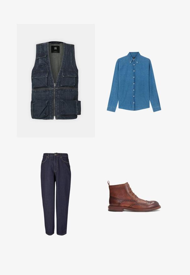 Denim jas met meerdere voorkruipzakken, een ritssluiting en een V-hals ontwerp. Kleur is donkerblauw met een lichte textuur.; Blauwe denim shirt met een button-down kraag, lange mouwen en knopen aan de voorkant. De stof heeft een gestructureerde afwerking met een klassieke snit.; Donkerdenim jeans met een recht gesneden ontwerp, voorzien van traditionele vijf-pocket styling, subtiele gouden stiksels en een metalen knoopsluiting.; Bruine leren laars met decoratieve brogue-details, ronde neus, veterontwerp en een lage gestapelde hak. Inclusief een achterste treklus.