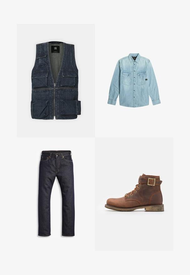 Denim jas met meerdere voorkruipzakken, een ritssluiting en een V-hals ontwerp. Kleur is donkerblauw met een lichte textuur.; Lichtblauw denim overhemd met lange mouwen, knoopsluiting, twee frontzakken met klep en knopen, en een klassieke kraag.; Donkerblauwe denim jeans met rechte snit, vijf zakken, metalen hardware en contrasterende oranje stiksels. Glad oppervlak, geen zichtbare patronen.; Harley Davidson VNTGMOTO SHORT RIDING APPROVED - Cowboy-/Bikerlaarsjes - brown