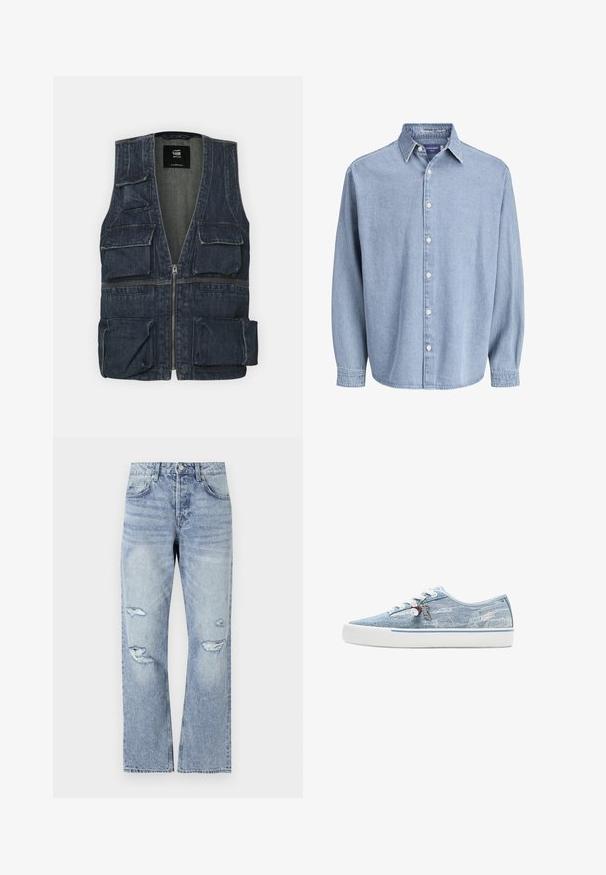 Gilet en jean avec plusieurs poches avant, un zip et un design en V. Couleur bleu foncé avec une légère texture.; Chemise en denim bleu clair à manches longues avec col et boutons blancs, présentée sur un fond blanc uni.; Jean en denim bleu clair avec une coupe droite, présentant des déchirures usées au niveau des genoux et un style classique à cinq poches.; Basket basse en denim bleu clair avec semelle en caoutchouc blanche, lacets blancs et breloques décoratives suspendues aux œillets latéraux.