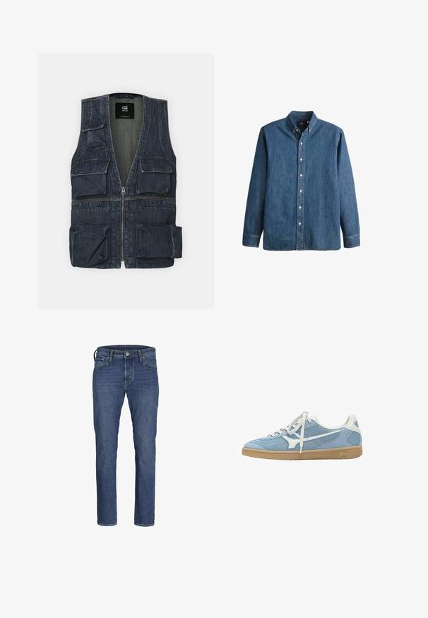 Gilet en jean avec plusieurs poches avant, un zip et un design en V. Couleur bleu foncé avec une légère texture.; Chemise en denim bleu moyen à boutons, avec des manches longues, un col pointu, des boutons blancs et une coupe cintrée agrémentée d'une broderie de logo discrète.; Jean en denim bleus pour hommes avec une coupe droite, un style à cinq poches et une fermeture classique à boutons et à zip.; Baskets basses bleu clair et blanc avec tige en mesh et daim, lacets blancs et semelle en gomme.