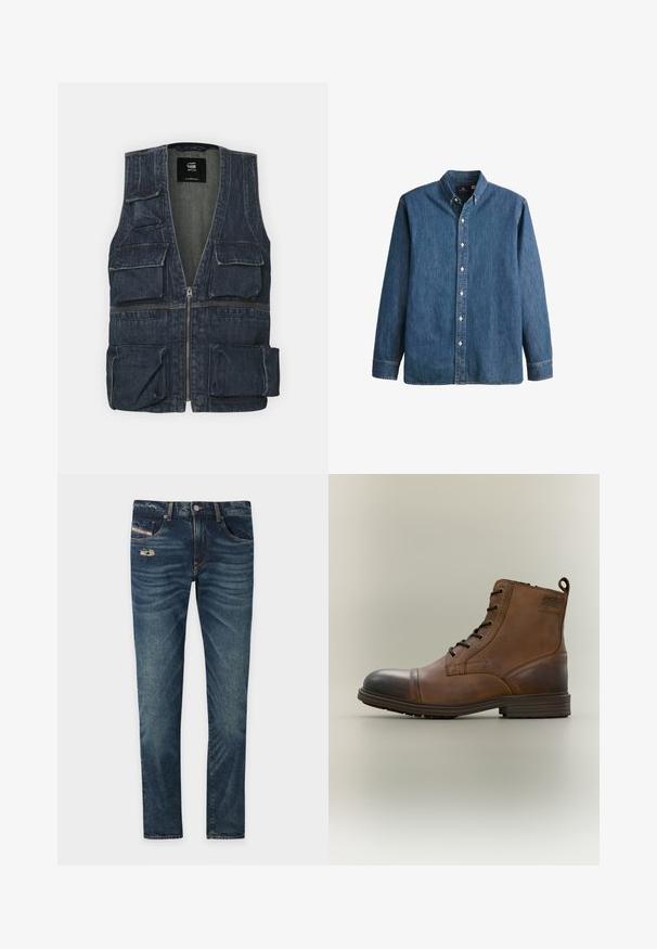 Chaleco de mezclilla con múltiples bolsillos frontales, cierre de cremallera y diseño de escote en V. Color azul oscuro con una ligera textura.; Camisa de mezclilla de botón en azul medio, con mangas largas, collar puntiagudo, botones blancos y un corte ajustado con un sutil bordado de logo.; Jeans de denim azul oscuro con un acabado ligeramente deslavado, que presentan un detalle desgate en la parte frontal y cinco bolsillos, incluyendo un pequeño bolsillo para monedas.; Bota de cuero marrón con cordones hasta el tobillo, puntera negra, suela redonda y detalle de marca en el lateral sobre un fondo liso.