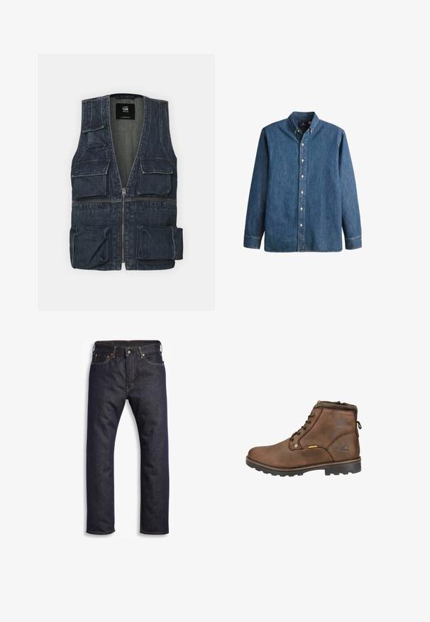 Jeansweste mit mehreren Fronttaschen, einem Reißverschluss und einem V-Ausschnitt. Die Farbe ist dunkelblau mit einer leichten Textur.; Denim-Hemd in Mittelblau, mit langen Ärmeln, spitzem Kragen, weißen Knöpfen und einer taillierten Passform sowie dezentem Logostick.; Dunkelblaue Jeans aus Denim mit geradem Schnitt, Fünf-Taschen-Design, metallischen Komponenten und kontrastierenden orangen Nähten. Glatte Textur, keine sichtbaren Muster.; Braune Leder-Ankle-Boots mit runder Zehenpartie, Schnürdesign, gepolstertem Kragen und strukturiertem Gummisohle. Mit Logo und Metallelementen ausgestattet.
