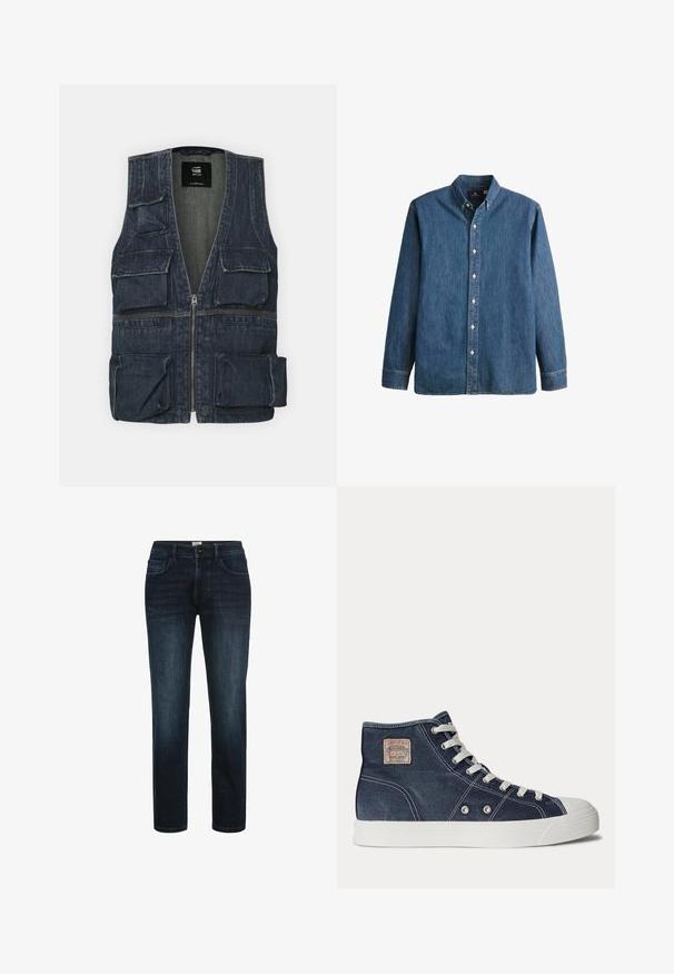 Denimvest med flere frontlommer, lynlås lukning og V-halsdesign. Farven er mørkeblå med en let tekstur.; Denim button-up skjorte i mellemblå, med lange ærmer, spidse kraver, hvide knapper og en tætsiddende pasform med diskret logo broderi.; Mørk vaskede denimjeans med lige ben, der har fem lommer, knaplukning og subtil fading langs lårene.; Marineblå højtop-sneaker med hvide snørebånd, hvid gummisål, metaløjer og et lille beige mærke på ankelen.