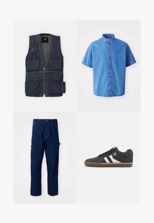 Jeansweste mit mehreren Fronttaschen, einem Reißverschluss und einem V-Ausschnitt. Die Farbe ist dunkelblau mit einer leichten Textur.; Kurze Ärmel Denim-Hemd in Hellblau mit button-down Kragen, versehen mit einem Brustlogo und auffälligen Nähten.; Dunkelblaue gerade geschnittene Jeans-Arbeitshosen mit weißen Nähten, Gürtelschlaufen, Fronttaschen und einer seitlichen Utility-Schlaufe auf weißem Hintergrund.; Dunkelblaue Wildledersneaker mit cremefarbenen Streifen, schwarzen Schnürsenkeln und einer braunen Gummisohle. Verfügt über einen gepolsterten Kragen und ein Logo an der Seite.