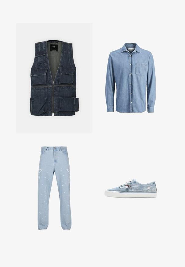 Denim jas met meerdere voorkruipzakken, een ritssluiting en een V-hals ontwerp. Kleur is donkerblauw met een lichte textuur.; Lichtblauwe denim overhemd met een button-down kraag, lange mouwen, een borstzak en een geborduurd logo op de zak.; Lichtblauwe denim jeans met een relaxte pasvorm, voorzien van stervormige uitsparingen, verfspetters en een klassieke vijf-pocket ontwerp.; Lage sneaker in lichtblauw denim met witte rubberen zool, witte veters en decoratieve hangertjes die aan de zijkant van de veterogen hangen.