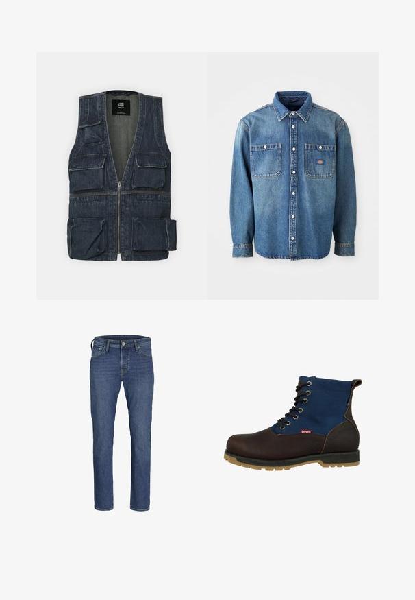 Denim jas met meerdere voorkruipzakken, een ritssluiting en een V-hals ontwerp. Kleur is donkerblauw met een lichte textuur.; Denim overhemd in medium blauw, met een puntige kraag, twee borstzakken en zilveren knopen. Lange mouwen met knoopmanchetten.; Blauwe denim jeans voor heren met een recht model, vijf-pocketstijl en een klassieke knoop- en ritssluiting.; Bruine leren veterschoenen met bovenwerk van blauwe textiel, gewatteerde kraag en rubberen zool. Bevat een rode lábel aan de zijkant.