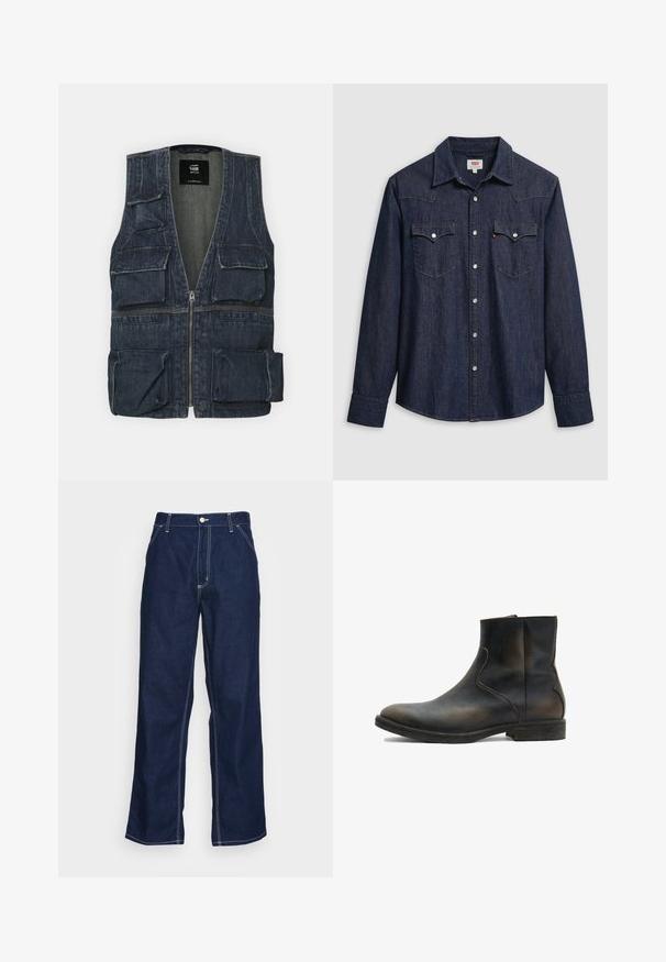 Jeansweste mit mehreren Fronttaschen, einem Reißverschluss und einem V-Ausschnitt. Die Farbe ist dunkelblau mit einer leichten Textur.; Dunkelblaues Denimhemd mit spitzem Kragen, Druckknöpfen und Brusttaschen. Mit Ziernähten und langen Ärmeln versehen.; Dunkelblaue Denim-Hosen mit weitem Bein, hoher Taille, Fronttaschen und kontrastierendem weißen Nähten entlang der Säume.; AllSaints LANG - Stiefelette - brown