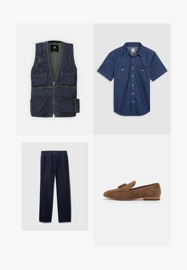 Jeansweste mit mehreren Fronttaschen, einem Reißverschluss und einem V-Ausschnitt. Die Farbe ist dunkelblau mit einer leichten Textur.; Kurzärmeliges Jeanshemd in Dunkelblau mit zwei Brusttaschen, durchgehender Knopfleiste und einem Kragen mit verstärkten Nähten.; Dunkelblaue gerade geschnittene Jeans aus Denim mit Fünf-Taschen-Design, Knopfverschluss und sichtbaren Nähten auf einem schlichten hellen Hintergrund.; Braune Wildleder-Loafers mit einem Quastenakzent, niedrigem Profil, runder Zehenform und strukturiertem Obermaterial, auf einem hölzernen Blockabsatz.