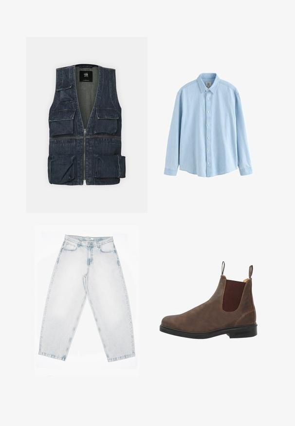 Denimvest med flere frontlommer, lynlås lukning og V-halsdesign. Farven er mørkeblå med en let tekstur.; Lyseblå denimskjorte med lange ærmer, knapper og krave, medium størrelse, vist mod en hvid baggrund.; Lyseblå denimjeans med høj talje, lige brede ben, knap- og lynlåslukning samt lommer foran og bagpå.; Brune læder ankelstøvle med elastiske sidelapper, rund tå og sort gummisål. Subtile tekstur- og syningsdetaljer.