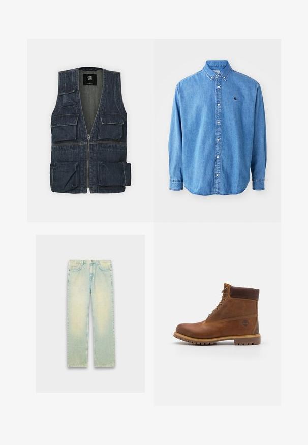 Denimvest med flere frontlommer, lynlås lukning og V-halsdesign. Farven er mørkeblå med en let tekstur.; Denim button-down skjorte, lyseblå i farven, med krave, lange ærmer og et lille logo på brystet. Har hvide knapper og syninger.; Lyseblå denimjeans med løs pasform, fem lommer, lynlås og en slidt finish langs lår og knæ.; Brun læder vandrestøvle med en glat finish, polstret ankel, metalliske snørehuller og en gummisål med et robust dækmønster.
