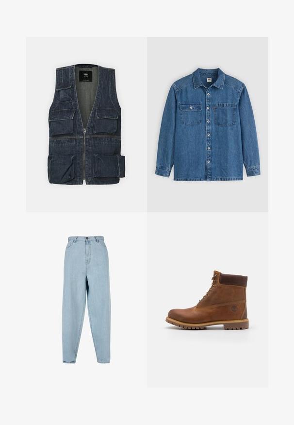 Jeansweste mit mehreren Fronttaschen, einem Reißverschluss und einem V-Ausschnitt. Die Farbe ist dunkelblau mit einer leichten Textur.; Hellblaue Jeanshemd mit langen Ärmeln, durchgehender Knopfleiste, zwei Brusttaschen mit Klappen und einem schlichten Kragen. Mit einem Levi's Logo-Tag.; Helle blaue, hoch taillierte Jeans mit lockerer Passform. Ausgestattet mit einem Frontknopf, Reißverschluss und fünf Taschen. Leicht verblasste Fabric-Textur.; Braune Lederwanderschuhe mit glatter Oberfläche, gepolstertem Knöchel, Metallösen und einer Gummisohle mit robustem Profil.