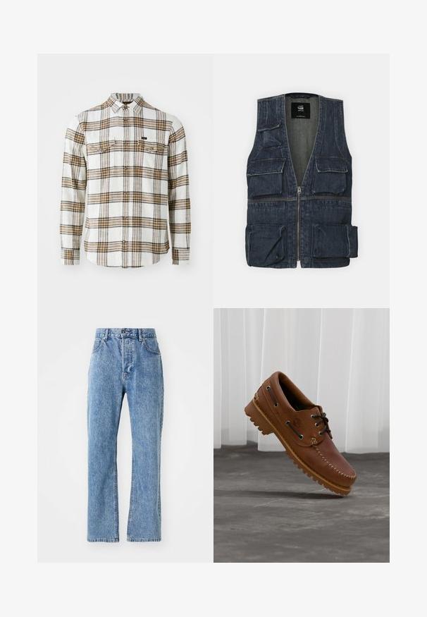 Džínová vesta s viacerými prednými vreckami, zipsom a výstrihom do V. Farba je tmavomodrá s jemnou štruktúrou.; Lee CLEAN WESTERN - Košeľa - ecru ochre plaid; Svetlomodré džíny z denimu s vysokým pásom, širokým strihom nôh, klasickým päť-p vreckovým štýlom a jemným blednutím látky.; Hnedá kožená lodná obuv s čiernymi šnúrkami, béžovým prešívaním a robustnou podrážkou, zavesená nad sivou betónovou podlahou.