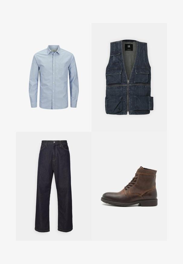Jeansweste mit mehreren Fronttaschen, einem Reißverschluss und einem V-Ausschnitt. Die Farbe ist dunkelblau mit einer leichten Textur.; Helles blaues Langarmhemd mit Knopfleiste und einer Tasche auf der linken Brustseite. Aus weichem Stoff mit glatter Textur und dezentem Logo-Detail gefertigt.; Dunkelblaue Jeans im geraden Schnitt mit gelben Nähten, Knopfverschluss, Reißverschluss und Fünf-Taschen-Design.; Jack & Jones JFWDELANEY BOOT - Schnürstiefelette - cognac