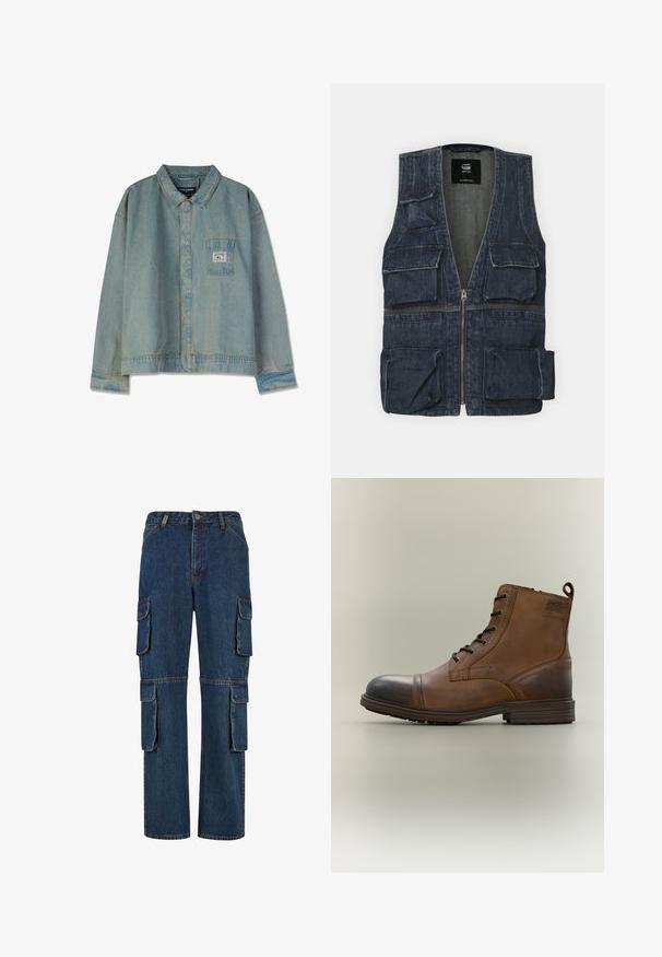 Jeansweste mit mehreren Fronttaschen, einem Reißverschluss und einem V-Ausschnitt. Die Farbe ist dunkelblau mit einer leichten Textur.; Hellblaues Jeansjackett mit spitzem Kragen, langen Ärmeln, Brusttasche und sichtbaren Nähten; lockere Passform und abgenutzte Textur.; Dunkelblaue Denim-Cargohosen mit mehreren Seitentaschen, geradem Bein und kontrastierenden Nähten. Strapazierfähiger Stoff mit klassischem Schnitt.; Brauner Leder-Schnürstiefel bis zum Knöchel mit schwarzer Zehenkappe, runder Sohle und Markenlabel an der Seite vor schlichtem Hintergrund.