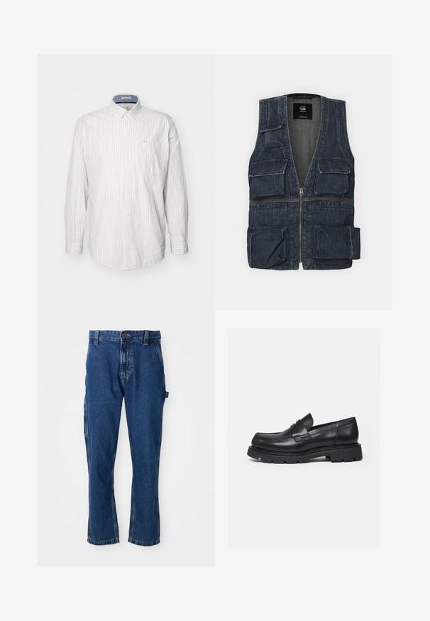 Denimvest med flere frontlommer, lynlås lukning og V-halsdesign. Farven er mørkeblå med en let tekstur.; Lysfarvet langærmet skjorte med tynde lodrette striber. Har en button-down krave og en brystlomme. Lavet af et tekstureret stof.; Blå denimjeans med lige snit, fem-lomme design og forstærkede syninger, med en let slidt tekstur og opsmøgede manchetter.; Sort læderloafer med tyk rillede sål og penny-remdetalje, vist i højre sideprofil på hvid baggrund.