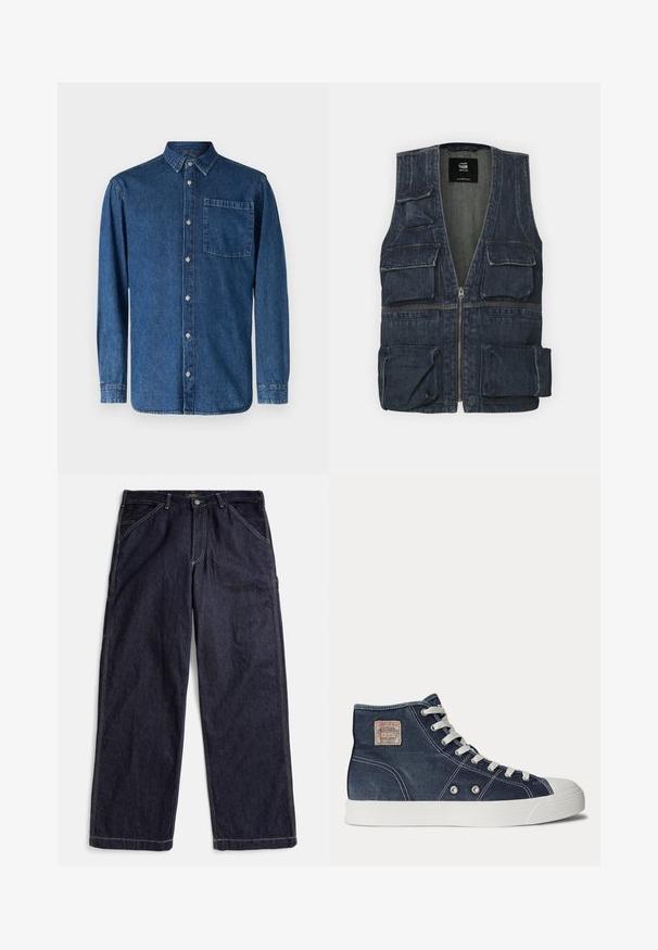 Jeansweste mit mehreren Fronttaschen, einem Reißverschluss und einem V-Ausschnitt. Die Farbe ist dunkelblau mit einer leichten Textur.; Dunkelblaue Denim-Hemden mit langen Ärmeln, mit durchgehender Knopfleiste, klassischem Kragen, einer Brusttasche und Knopfmanschetten.; Dunkelblaue, gerade geschnittene Jeans aus Denim mit Kontrastnähten, Gürtelschlaufen und Vordertaschen, flach auf einem weißen Hintergrund liegend.; Marineblaue High-Top-Sneaker mit weißen Schnürsenkeln, weißer Gummisohle, Metallösen und einem kleinen beigen Markenpatch im Knöchelbereich.