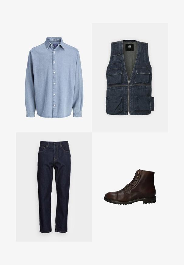 Denim jas met meerdere voorkruipzakken, een ritssluiting en een V-hals ontwerp. Kleur is donkerblauw met een lichte textuur.; Lichtblauwe denim lange mouw knoophemd met kraag en witte knopen, weergegeven tegen een effen witte achtergrond.; Donkerblauwe spijkerbroeken met een rechte snit, vijf zakken en contrasterende gele stiksels. Ontworpen met een klassieke knoop- en ritssluiting.; Donkergrote leren veterschoenen tot de enkels met een robuuste rubberen zool en metalen veters, gezien vanuit de buitenzijde.
