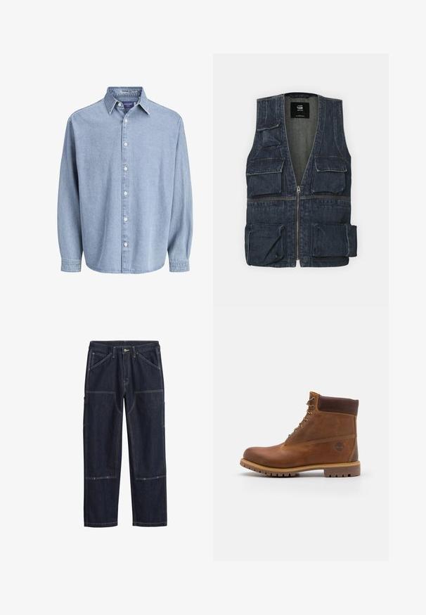 Denim jas met meerdere voorkruipzakken, een ritssluiting en een V-hals ontwerp. Kleur is donkerblauw met een lichte textuur.; Lichtblauwe denim lange mouw knoophemd met kraag en witte knopen, weergegeven tegen een effen witte achtergrond.; Donkerblauwe spijkerbroek met dubbele stiksels, een knoop aan de voorkant, riemlussen en meerdere versterkte opgestikte zakken op de benen.; Bruine leren wandelschoen met een gladde afwerking, gevoerde enkel, metalen oogjes en een rubberen zool met een robuust profiel.