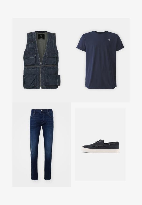 Denimvest med flere frontlommer, lynlås lukning og V-halsdesign. Farven er mørkeblå med en let tekstur.; Marineblå bomulds t-shirt med korte ærmer, rund hals og op rullede ærmekanter. Har et lille logo på den øverste brystområde.; Mørkeblå slim-fit denimjeans med frontknap, lommer, bæltestropper og subtile falmningdetaljer på benene.; Mørkeblå ruskinds-casual sneaker med hvid gummisål, sorte snørebånd og metaløjer, vist fra højre side på ensfarvet baggrund.