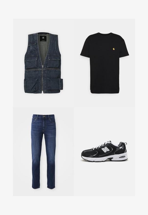 Gilet en jean avec plusieurs poches avant, un zip et un design en V. Couleur bleu foncé avec une légère texture.; T-shirt en coton noir à manches courtes, col rond, avec un petit logo jaune sur la partie gauche de la poitrine. Design simple et coupe régulière.; Jean en denim bleu foncé avec une coupe droite, comprenant un design classique à cinq poches et un fermoir à bouton en métal. Détails de décoloration subtils sur le tissu.; Baskets de sport noires et grises avec un tige en mesh et en suède, présentant une semelle intermédiaire blanche, des lacets et un logo "N" audacieux sur le côté.