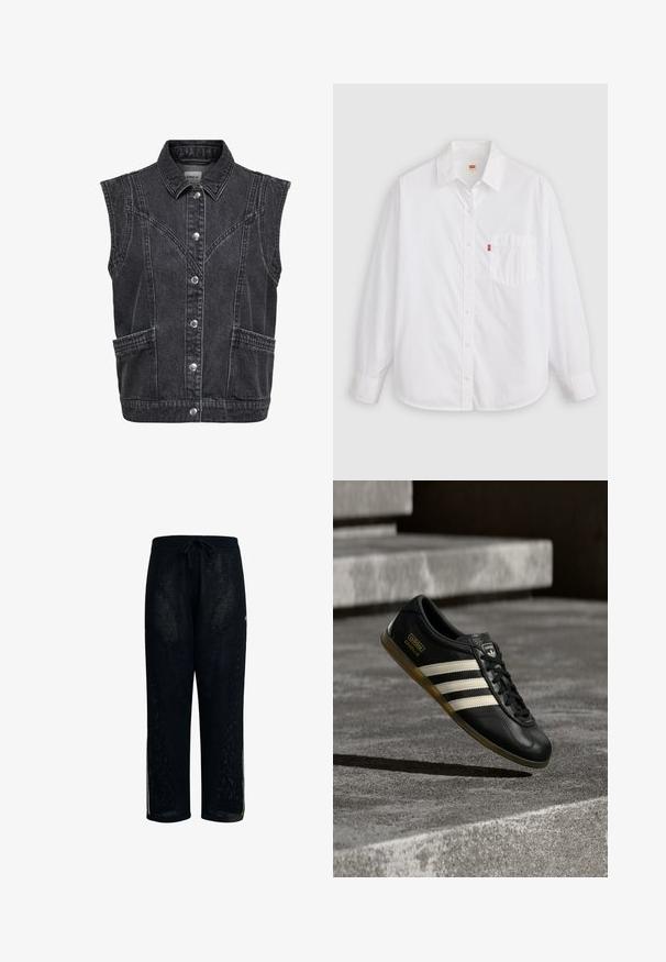 Sort denim ærmeløs vest med krave, frontknapper, to sidelommer og synlige sømdetaljer.; Hvid langærmet skjorte med knapper lavet af bomuld. Har en krave, en brystlomme, afrundet kant og et lille rødt logo ved lommen.; Sorte meshbukser med snoreliv, der har slidser i siderne og en løs pasform. Fremstillet af åndbart stof, egnet til afslappet brug.; Sort lædersneaker med hvidt trestribet design, teksturerede detaljer, sorte snørebånd og en gum-sål. Brandlogo synligt på tungen.