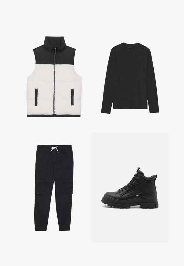 Gilet rembourré avec un dessus matelassé noir et un bas en polaire blanche, doté d'un col montant, d'une fermeture éclair à l'avant et de deux poches latérales.; T-shirt à manches longues noir en tissu doux et léger. Présente un col rond et un ourlet droit. Aucun motif ou accent visible.; Pantalons cargo noirs en coton, avec une taille élastique et un cordon de serrage, des poches latérales et des poignets fuselés.; Baskets montantes noires en cuir texturé, dotées d'une semelle en caoutchouc épaisse, d'un laçage à l'avant et d'un petit logo sur le côté.