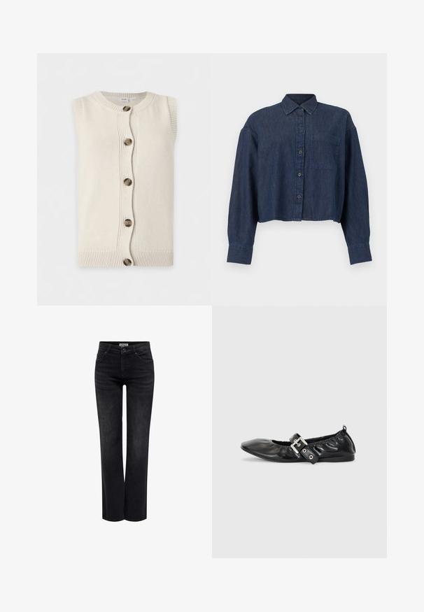 Kremfarvet strikket ærmeløs cardigan med rund halsudskæring og fem brune knapper foran.; Mørkeblå denim kort skjorte med lange ærmer, knapper foran, krave og en enkelt brystlomme mod en hvid baggrund.; ONLY Straight fit ONLBLUSH Mid waist - Jeans Straight Leg - washed black; Sorte læder flade sko med spids tå, samling detaljer omkring åbningen, og en sølv spænde accent på den justerbare rem.