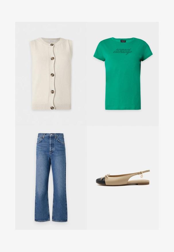 Kremfarvet strikket ærmeløs cardigan med rund halsudskæring og fem brune knapper foran.; Grøn Armani Exchange T-shirt med korte ærmer og rund halsudskæring med teksten "armani exchange" i små sorte prikker henover brystet.; Højtsiddende blå denim jeans med lige ben design, der har fem lommer og subtile slidmærker. Klassisk knaplukning og syninger som detaljer.; Beige slingback flad sko med sort tåhætte, lille sløjfedetalje, justerbar spænde strope og guldkæde på siden.