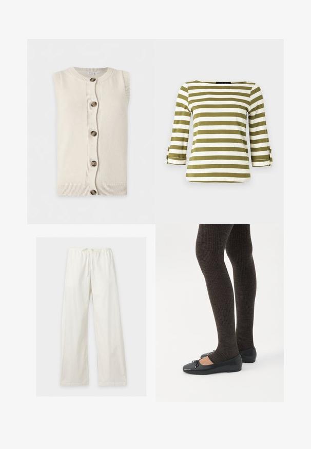 Cardigan sans manches en maille crème avec encolure ronde et cinq boutons marron sur le devant.; Haut rayé en vert olive et blanc, avec des manches trois-quarts munies de pattes de serrage et un col bateau. Tissu lisse et doux.; Pantalon blanc à jambes larges avec taille élastique et cordon de serrage, présenté à plat sur un fond clair.; Jambes portant des leggings côtelés foncés associés à des ballerines noires avec de petits détails en nœud sur fond blanc.