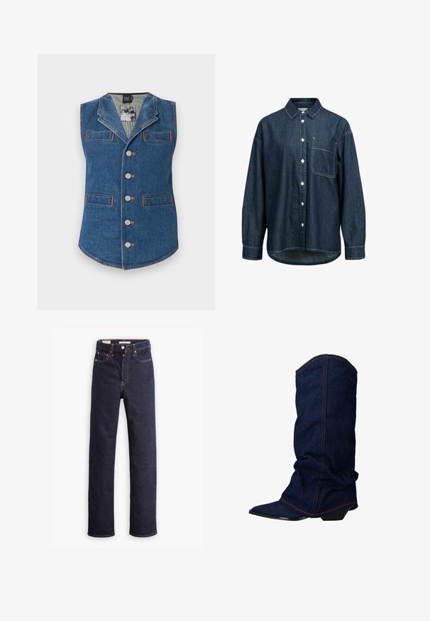 Denimvest met een kraag, vijf knoopsluitingen en twee voorzakken. Heeft contrasterende oranje stiksel op een blauwe stof.; Donzen overhemd in donkerblauw, met een knoopsluiting aan de voorkant, een puntige kraag, lange mouwen en een borstzak. Subtiele witte stiksel zichtbaar.; Donkerblauwe straight-leg denim jeans met vijf zakken en zichtbare oranje stiksels op een witte achtergrond.; sacha Laarzen - blue