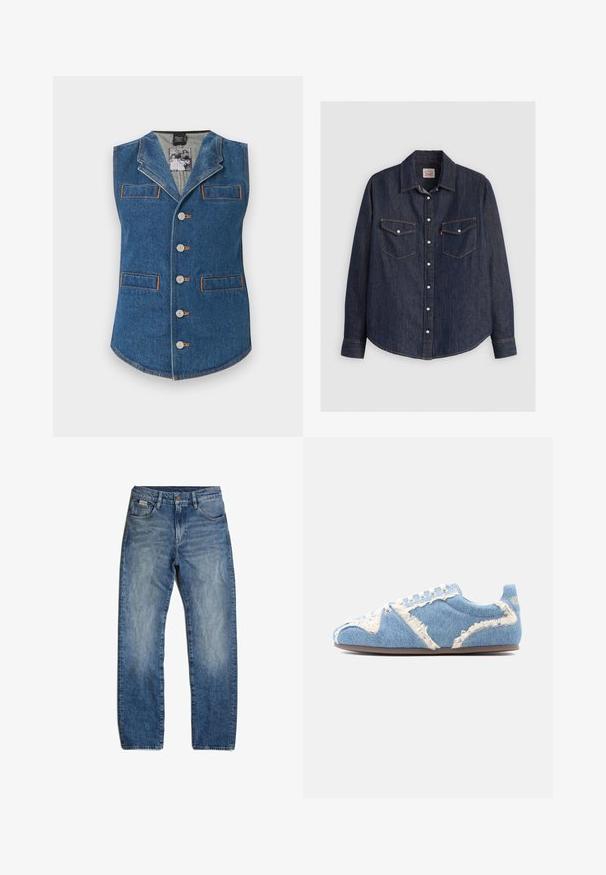 Chaleco de mezclilla con cuello, cierre de cinco botones y dos bolsillos frontales. Presenta costuras en naranja contrastante sobre una tela azul.; Camisa de denim azul oscuro con mangas largas, cierre de botones en la parte delantera, dos bolsillos en el pecho con solapas y costuras amarillas en contraste.; Vaqueros de mezclilla azul con corte recto, ligero desgaste y sutiles marcas de uso. Cuenta con cinco bolsillos y cierre de botón.; Zapatilla baja con tela de mezclilla azul claro y bordes deshilachados, cordones blancos y suela delgada marrón sobre un fondo liso.