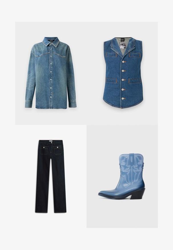 Denimvest met een kraag, vijf knoopsluitingen en twee voorzakken. Heeft contrasterende oranje stiksel op een blauwe stof.; Blauwe denim overhemd met lange mouwen, drukknoopsluiting, puntige kraag en strass-details langs de schouderpas en kraagranden.; Donkerblauwe spijkerbroek met een rechte pijp, voorzien van twee voorzakken en zichtbare stiknaden. Geen zichtbare slijtage.; Blauwe rubberen cowboylaars met een spitse neus, decoratieve stiksels en een zwarte wiggenhak. Lange schacht met een gestructureerd patroon.