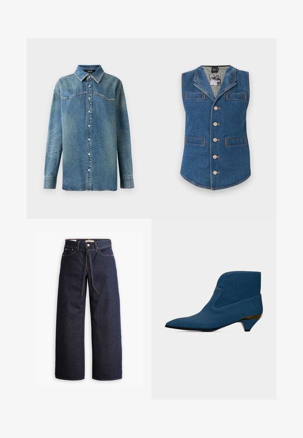 Denimvest med krave, fem knaplukninger og to forlommer. Har kontrastorange syninger på et blåt stof.; Blå denim skjorte med lange ærmer, trykknapper, spids krave og rhinsten-detaljer langs bærestykke og kravekanter.; Bredde ben mørkeblå denim jeans med høj talje, der har snoretræk, fem lommer og kontrastsyet detaljer.; Blå ankelstøvle med spids tå, lav kittenhæl med gulddetalje og et glat, sømløst design.
