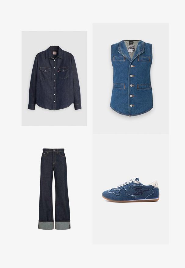 Denimvest med krave, fem knaplukninger og to forlommer. Har kontrastorange syninger på et blåt stof.; Mørkeblå denimskjorte med lange ærmer, knaplukning fortil, to brystlommer med klapper og kontrasterende gule sømme.; Mørkeblå bukser med bred benvide og opsmøg i bunden, foran med knap- og lynlås lukning samt orange syninger.; Lavprofil sneaker i blå denim med frynset patchwork, hvide snørebånd, tanfarvet sål og hvid hælkappe med et lille fiskesymbol.